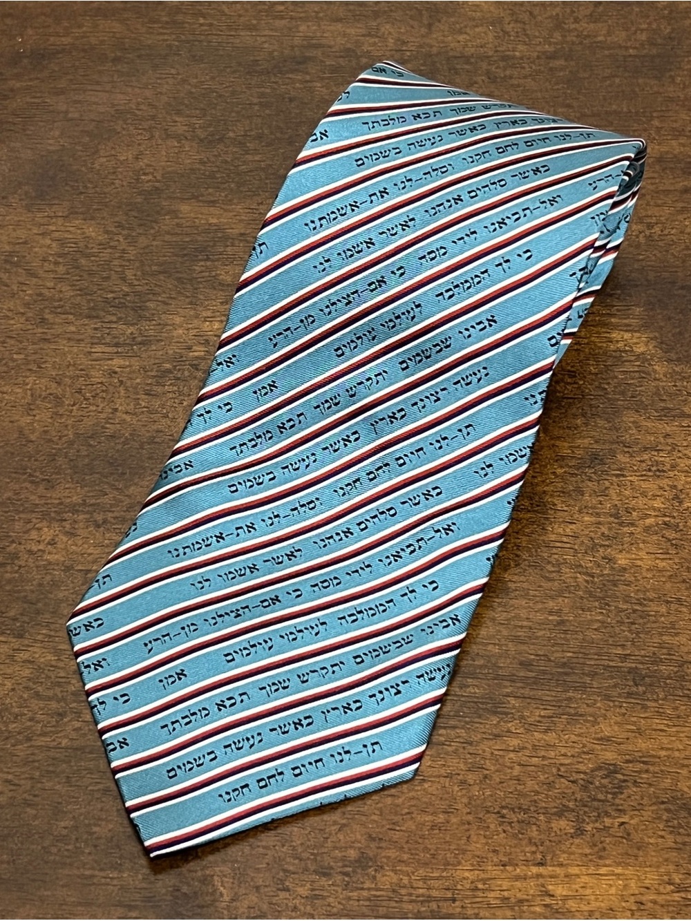 The Lords Prayer in Hebrew Text on Light Blue Stripe Pattern Men's Silk Tie